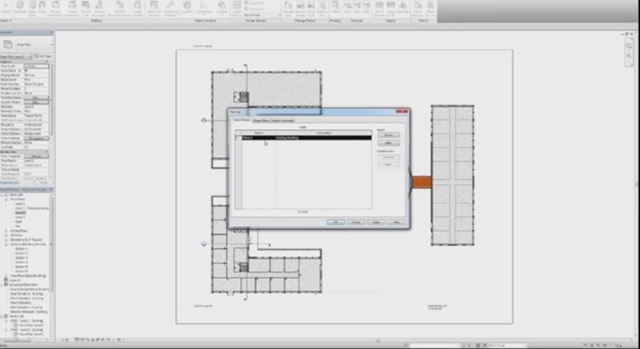 Viste Revit associate a fasi di progetto – esempi grafici di pianta, sezione e modello 3D con filtri BIM.