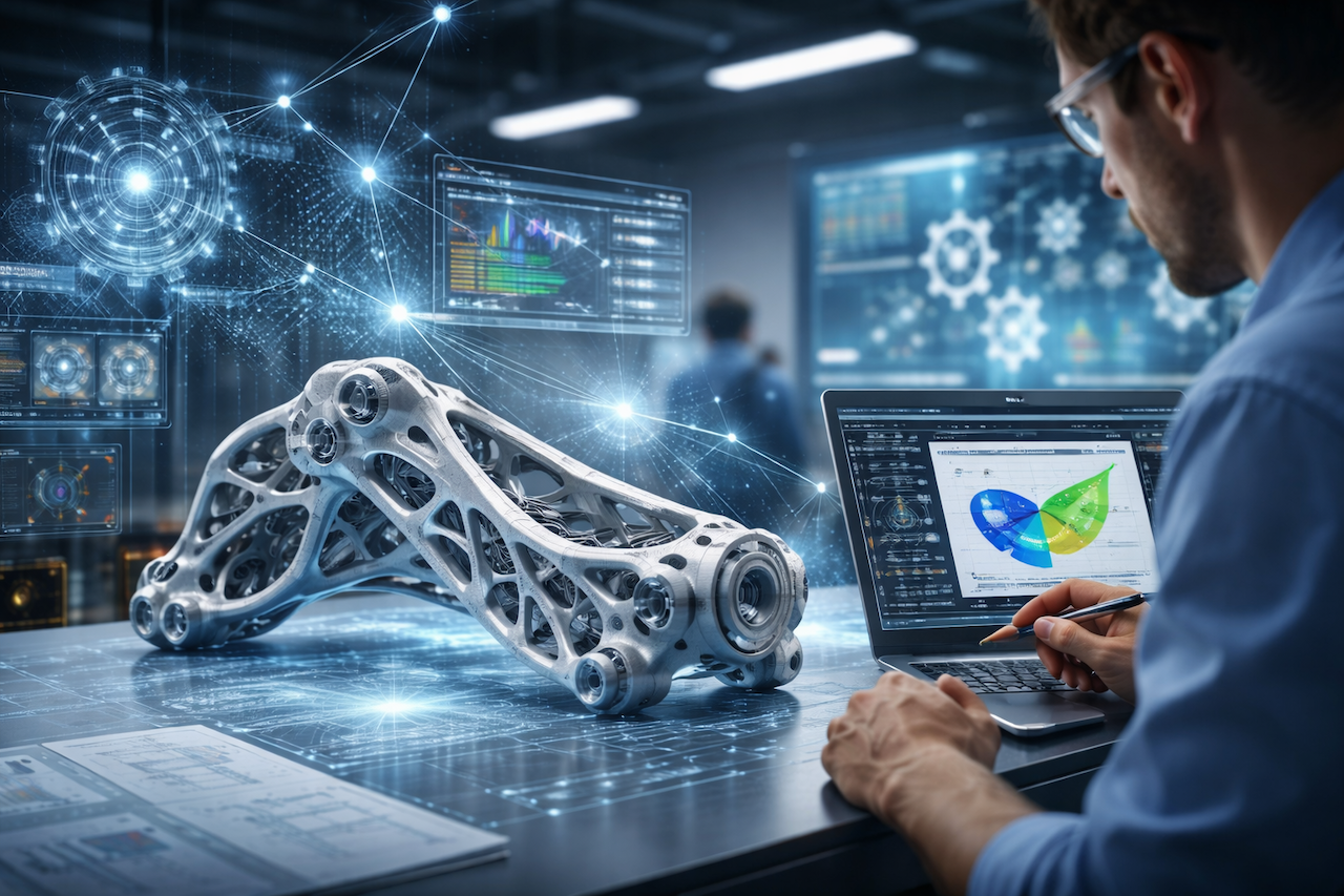 Esempio di design generativo in Autodesk Fusion con componente ingegneristico ottimizzato tramite intelligenza artificiale