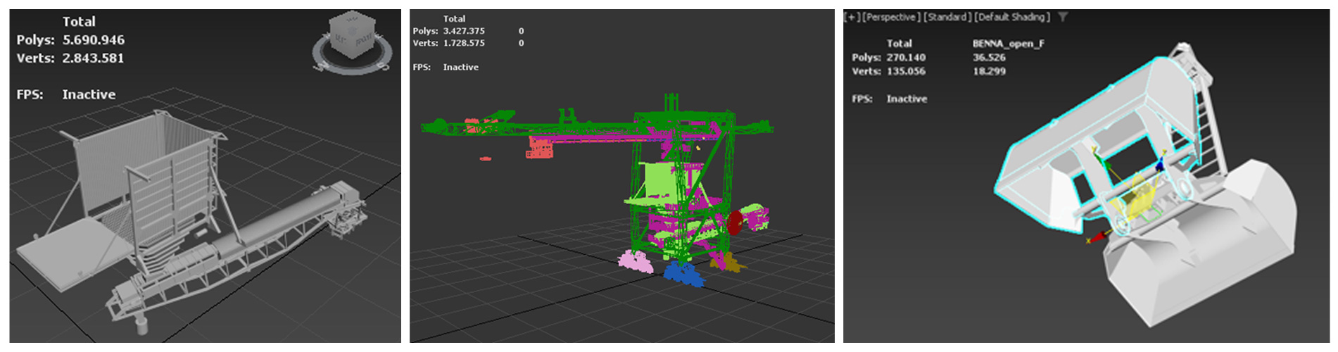 Modelli 3D di componenti industriali del simulatore VR SafeForPorts, inclusi struttura portuale, meccanismi dello ship unloader e dettaglio della benna