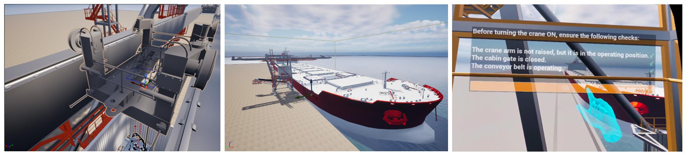 Fasi del training immersivo nel simulatore VR industriale SafeForPorts: struttura tecnica, nave cargo e schermata di controllo