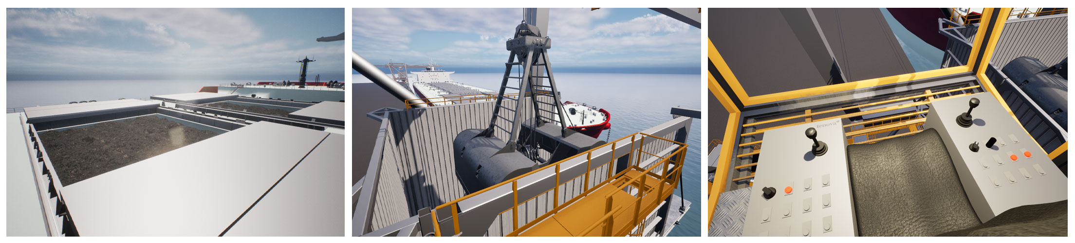 Simulatore VR SafeForPorts: visualizzazione delle stive di una nave cargo, benna in azione e interfaccia della cabina di comando per il training immersivo portuale