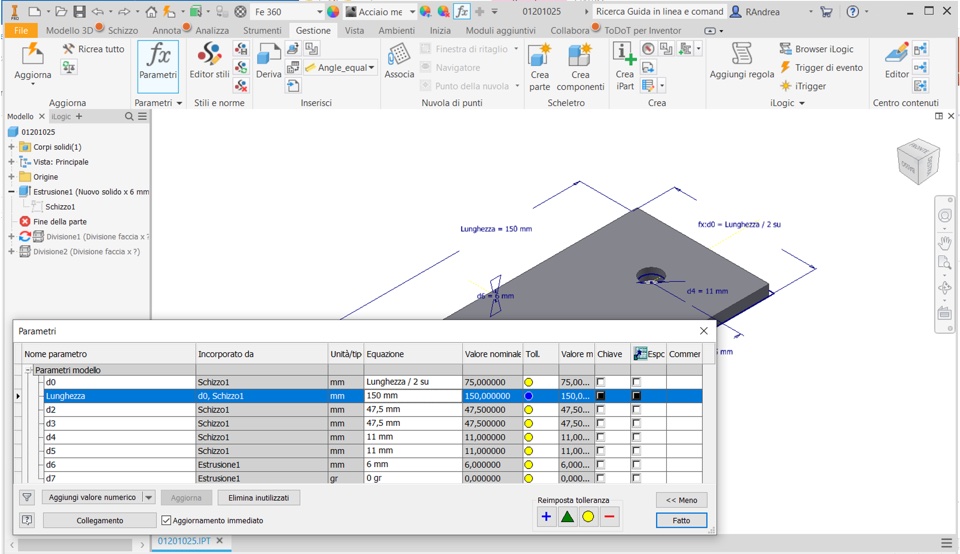 parametri autodesk inventor